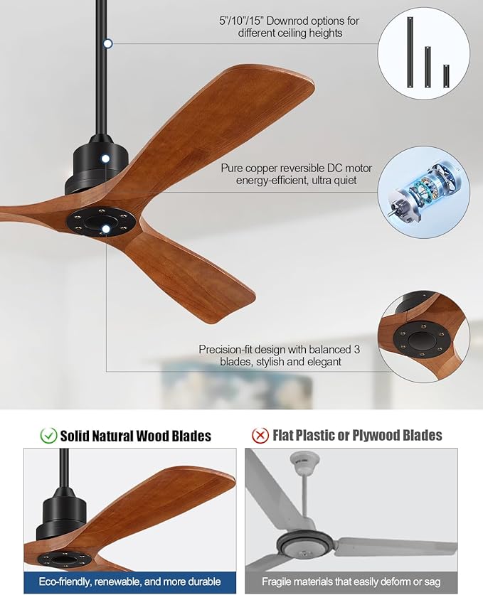 Ceiling Fans With Remote Control, Outdoor Ceiling Fan for Patios Indoor, 3 Downrods, 3 Blades, Timer, 6 Speed Reversible Quiet DC Motor Modern Fan Solid Wood Fan, 52in, Brown