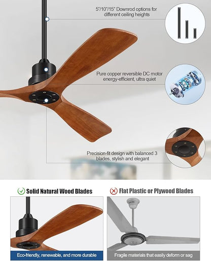 Ceiling Fans With Remote Control, Outdoor Ceiling Fan for Patios Indoor, 3 Downrods, 3 Blades, Timer, 6 Speed Reversible Quiet DC Motor Modern Fan Solid Wood Fan, 52in, Brown
