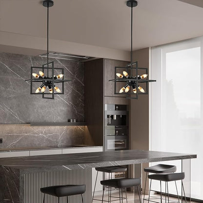 Modern Black Farmhouse Chandeliers,Small 8 Lights/E12 Geometric Pendant Light Adjustable Metal Hanging Lights for Dining Room,Kitchen Island,Foyer,Entryway,Hallway