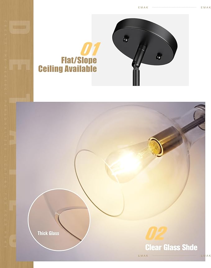 Emak 2 Pack Modern Pendant Lights Kitchen Island, Black and Gold Pendant Light Fixtures with Clear Glass Shade, Farmhouse Hanging Lights for Kitchen, Dining Room, Bathroom, PL125-BKBGD-CG-2PK