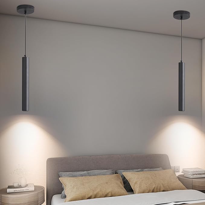 2 Pack Mini Kitchen Island Pendant Light, LED Minimalist Ceiling Hanging Light, 3 Color 3000K/4500K/6500K, Adjustable Height, Black Modern Linear Lamp Lighting for Dining Room, Bedroom, Bar