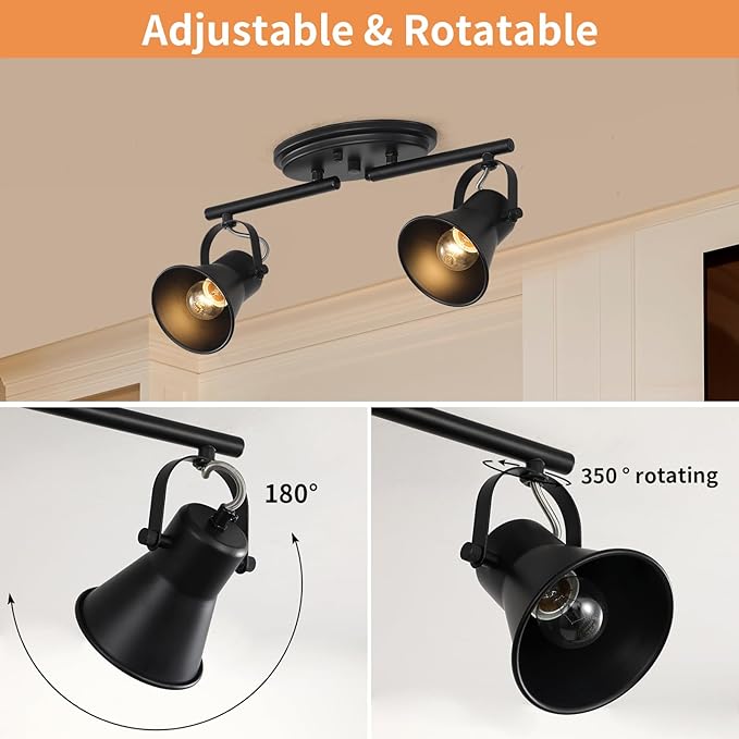 2 Light Track Lighting Ceiling, Industrial Directional Ceiling Spot Light Fixture,Black Flush Mount Ceiling Light for Kitchen, Living Room, Hallway, Bathroom, Cabinet, Etc.