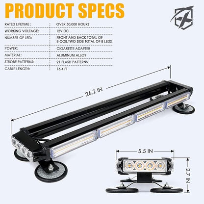 Xprite Amber COB LED Rooftop Strobe Flashing Light Bar Double Side 26" High Visibility Emergency Hazard Warning Beacon Lights w/Magnetic Base for Safety Vehicles Tow Trucks Pickup Cars Snowplow
