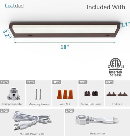 Leetdud LED Under Cabinet Lighting Hardwired or Plug in, 18 Inch 9W, Dimmable 5 Color 2700K/3000K/3500K/4000K/5000K, Linkable Eyes Care Design Counter Lights for Kitchen, Sink, ETL Listed, Bronze