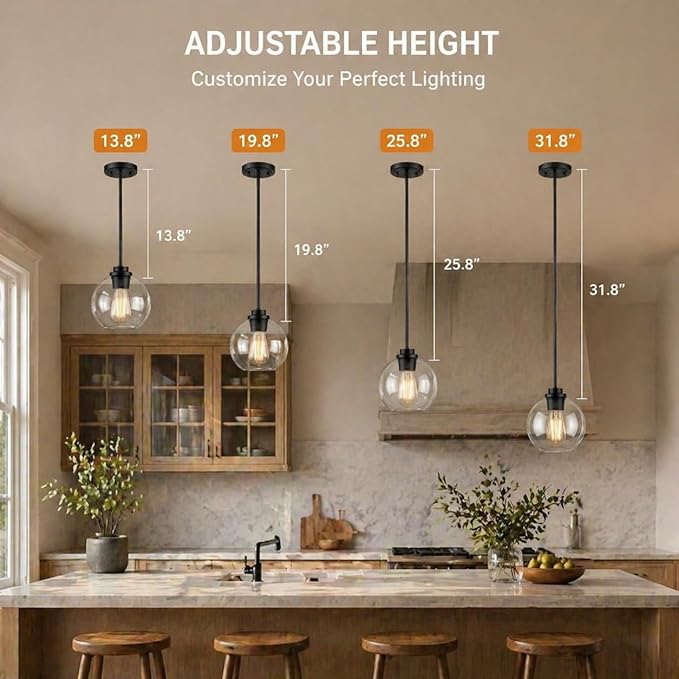 Pendant Light – 7 Inch Modern Hanging Fixture with Clear Glass Globe & Matte Black Finish, Adjustable Iron Rods & Sloped Ceiling Compatible for Kitchen Island Dining Room Bedroom Hallway, 2 Pack