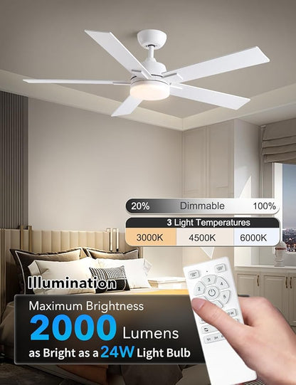 Rayqueen 52 Inch Ceiling Fans with Lights and Remote, 6 Speed Reversible DC Motor, 3CCT Dimmable LED, 5 Blades, White Modern Ceiling Fan for Bedroom, Living Room & Covered Outdoor, Includes Downrod