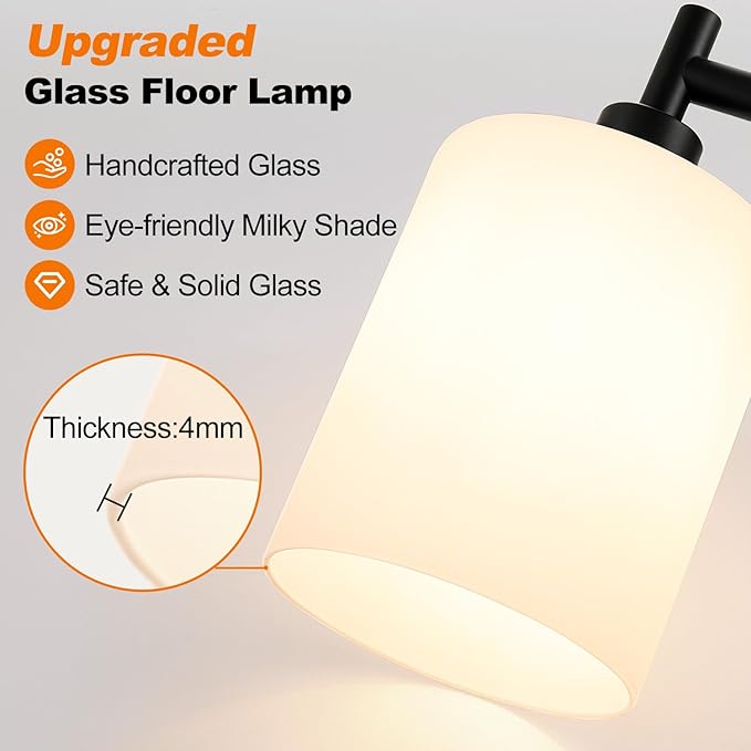 【Upgraded】Dimmable Floor Lamp for Living Room with Frosted White Glass Shade, Modern Industrial Floor Lamp with 900LM Bulb Included, Standing Tall Lamp for Bedroom, Office, Reading Room, Corner, Black
