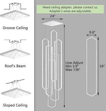 6 Rings Silver Modern Long Large Chandelier Dimmable LED High Ceiling Chandelier for Living Room Foyer Staircase Enterway Hanging Light Fixture Modern Ceiling Light