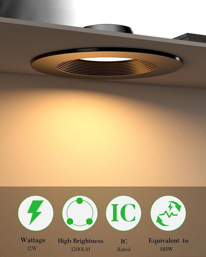 Lightdot 6 Inch Recessed Lighting 12 Pack Black, 12W Dimmable LED Downlight 3CCT Selectable (3000K/4000K/5000K), Anti-Glare Slim Canless Ceiling Light