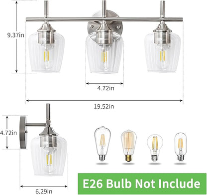 Bathroom Vanity Light Fixtures, 3-Lights Over Mirror Modern Vanity Lighting with Clear Wine Glass Shade Wall Lamp for Bedroom Hallway Living Room (Nickel, 3-Light)
