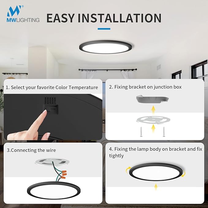 mw 4 Pack LED Flush Mount Ceiling Light, 16 Inch Round Black Ceiling Light,30W 120V 5CCT Dimmable, Close to Ceiling Light Fixtures for Bedroom, Kitchen, Hallway, Laundry