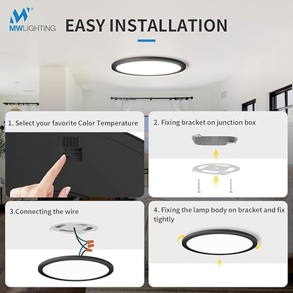 mw 4 Pack LED Flush Mount Ceiling Light, 16 Inch Round Black Ceiling Light,30W 120V 5CCT Dimmable, Close to Ceiling Light Fixtures for Bedroom, Kitchen, Hallway, Laundry