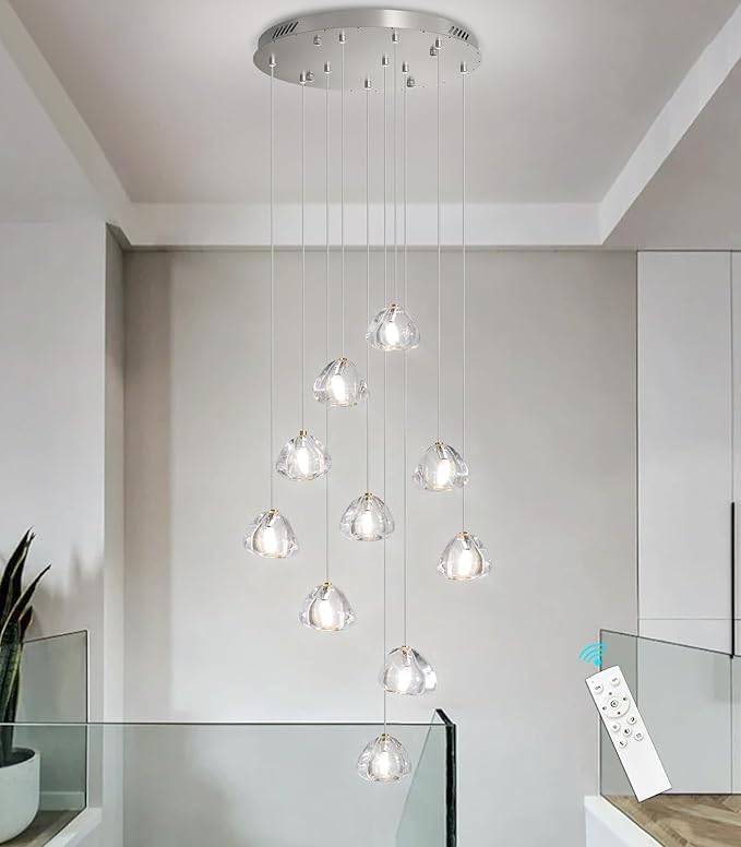 HAIXIANG Glam Chandelier with LED Dimmable Bulbs Bubble Crystal Balls Glam Chandeliers High Ceiling Pendants Light Fixtures Adjustable Long Lights Brushed Nickel