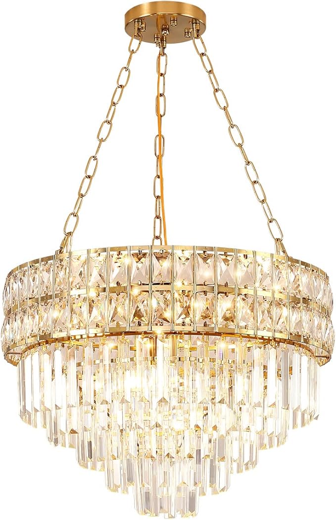 Modern Crystal Chandelier Gold Finish Light Fixture, Round Crystal Pendant Light Hanging Lamp, for Living Room, Dining Room, Restaurant, E12 x 11, Ø21.5 inch(V Shape)