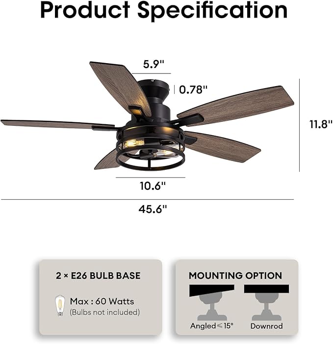 46 Inch Ceiling Fans with Lights and Remote Control, Flush Mount Black Ceiling Fan with Light, Industrial Retro Style, Indoor for Bedroom Living Room 8837X