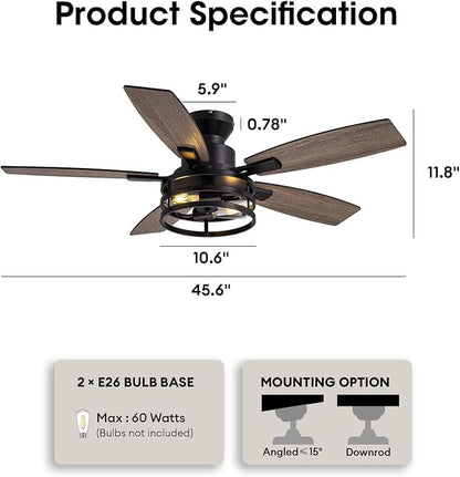 46 Inch Ceiling Fans with Lights and Remote Control, Flush Mount Black Ceiling Fan with Light, Industrial Retro Style, Indoor for Bedroom Living Room 8837X