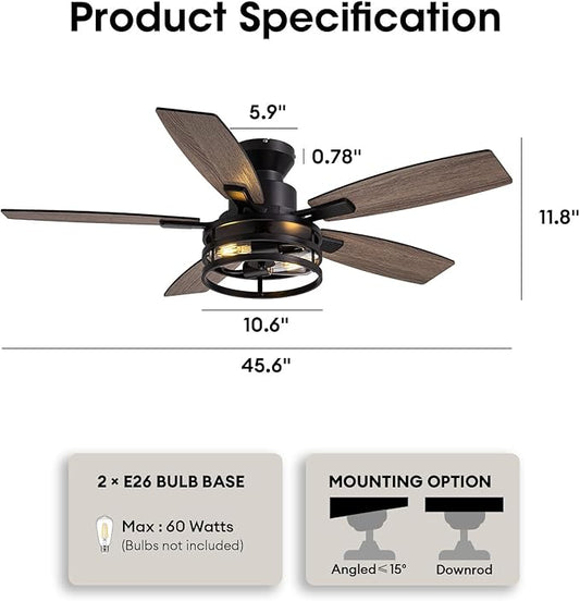 46 Inch Ceiling Fans with Lights and Remote Control, Flush Mount Black Ceiling Fan with Light, Industrial Retro Style, Indoor for Bedroom Living Room 8837X