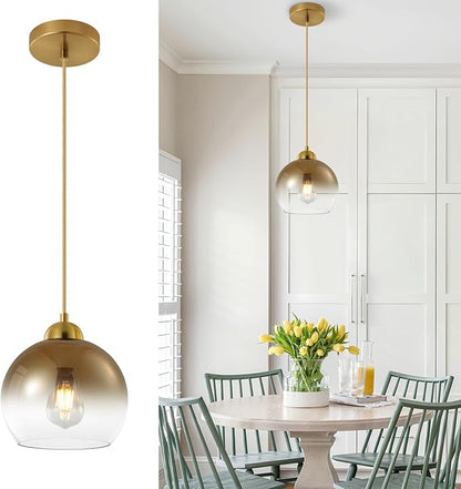 Modern Gradient Gold Glass Pendant Light，7.8-Inch Globe Adjustable Hanging Pendant Light for Bedroom Kitchen Island Dining Room Stairwell