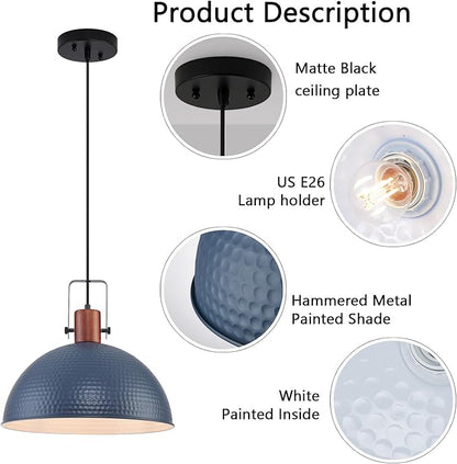 16 Inch Blue Pendant Lights Hammered Matte Pendant Lights for Kitchen Island Industrial Farmhouse Adjustable Height Dome Hanging Light Fixtures for Barn, Dining Room 2 Packs
