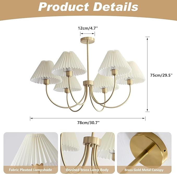 KCO Lighting Vintage Wrinkled Chandelier White Pleated Fabric Pendant Light Modern Gold Sputnik Chandelier 6-Lights Flush Mount Ceiling Light Classic Chandeliers for Dining Room