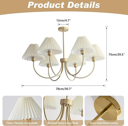 KCO Lighting Vintage Wrinkled Chandelier White Pleated Fabric Pendant Light Modern Gold Sputnik Chandelier 6-Lights Flush Mount Ceiling Light Classic Chandeliers for Dining Room