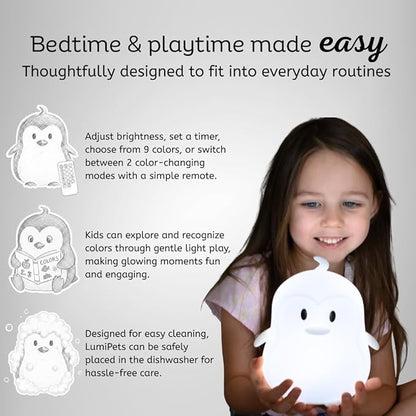 Lumipets Remote Control Silicone Night Light for Kids - Penguin Design with 9 Soft Colors & Sleep Timer - Rechargeable, Battery-Operated Lamp for Bedroom | Baby Nursery, Toddler, Girls, Boys