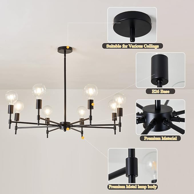 ASGYISA 8-Light Black Sputnik Chandelier Matte Industrial Flush Mount Ceiling Light Fixture Metal Modern Pendant Light for Farmhouse, Bedroom, Kitchen, Dining, Living Room, Island