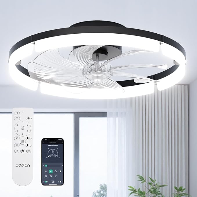 addlon Ceiling Fans with Lights and Remote, 20'' Low Profile Ceiling Fan, 3000-6000K Dimmable Modern Flush Mount Fandelier for Bedroom, Kitchen, Living Room, Black