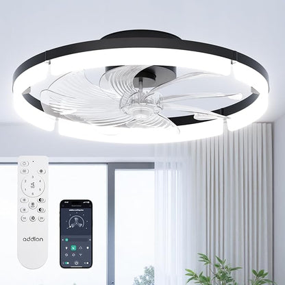 addlon Ceiling Fans with Lights and Remote, 20'' Low Profile Ceiling Fan, 3000-6000K Dimmable Modern Flush Mount Fandelier for Bedroom, Kitchen, Living Room, Black