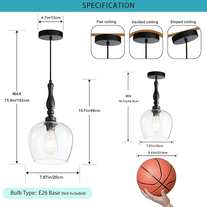 Modern Pendant Light Kitchen Island, Boho Chandelier, 7.87" Bell Shape Hanging Lamp Ceiling Lighting Fixture with Glass Lampshade (Clear)