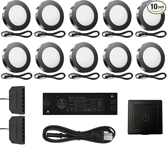 VST Under Cabinet Lighting Plug in with Wired Touch Dimmer Switch,Recessed or Surface Mount Design,Warm White 3000K 12V 2W(20W Total, 10 Pack Black) Puck Lights Fixtures