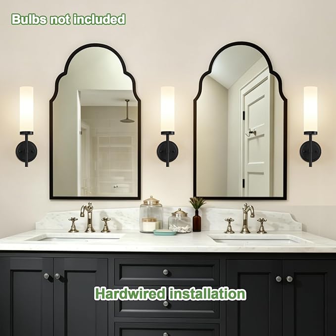 MOKATNG [Hardwired] Wall Sconces Set of Two, Matte Black Bathroom Sconces with Milky White Glass, Modern Wall Light Fixtures for Bathroom Mirror Vanity, Living Room, Hallway, Stairway, Cabinet, Foyer