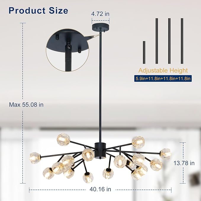 Depuley Modern Black Sputnik Chandelier: 18-Light Large Crystal Glass Chandelier for Living Room - Kitchen Island Light Fixture Mid Century Hanging Lamp for Dining Room (Included G9 Bulbs)