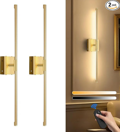 SAIMAND Wireless Sconces Set of 2 Battery Operated,8000mAh USB Rechargeable Wall Light with Remote Control,3000K-6000K LED Dimmable Wall Lamp for Living Room, Hallway, Bedroom (Gold)