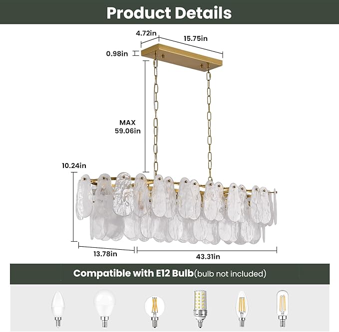 Modern Rectangle Glass Chandelier, 43.31 Inch Gold Luxury Crystal Pendant Light, 12-Light Oval Cloud-Shaped Fixture for Island Lights Dining Room, Living Room, E12 Socket