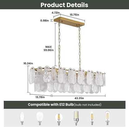 Modern Rectangle Glass Chandelier, 43.31 Inch Gold Luxury Crystal Pendant Light, 12-Light Oval Cloud-Shaped Fixture for Island Lights Dining Room, Living Room, E12 Socket