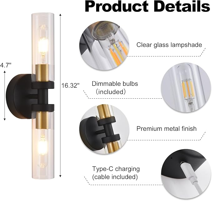 Battery Operated Wall Sconces Set of 2, 330° Rotation 3000K-6000K Dimmable Wireless Wall Sconce with Clear Glass Black Gold 10400mAh USB Rechargeable Wall Lights with Remote Bulbs Included 2 Pack