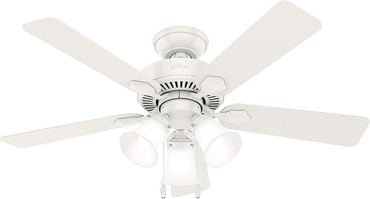 Hunter 44 inch Indoor Ceiling Fan with LED Lights - White Ceiling Fan with Pull Chain, For Bedroom, Living Room, or Kitchen, Standard Mount, No Remote, 5 Blades - Swanson 50885, Fresh White