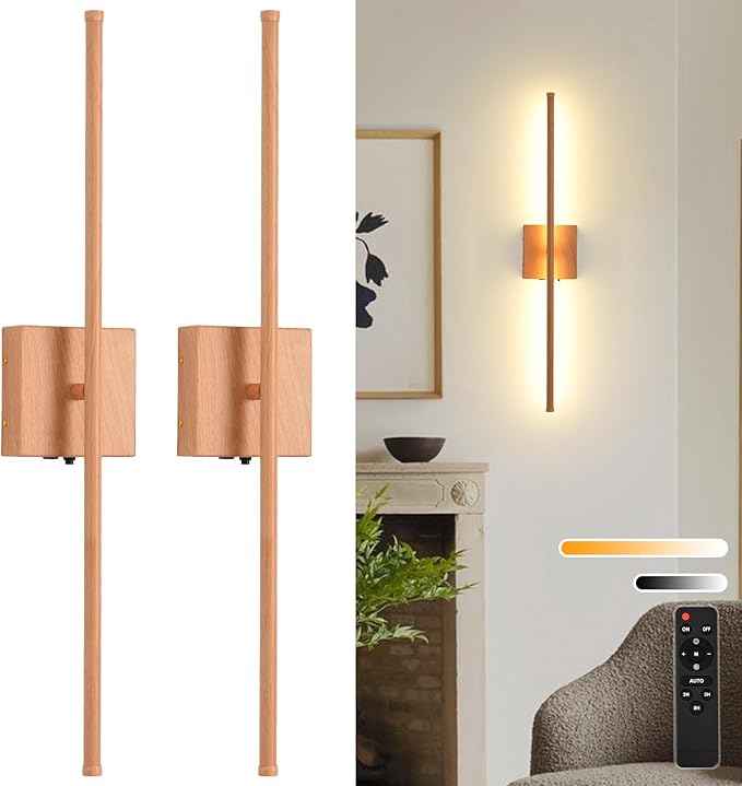 LED Battery Operated Wall Sconces, 11000mAh Faux Wood Texture Finish Wireless Wall Lights with Remote, 350°Rotate Dimmable Wall Lamp 3 Color Temperatures, for Bedroom Living Room Hallway, 2 Pack