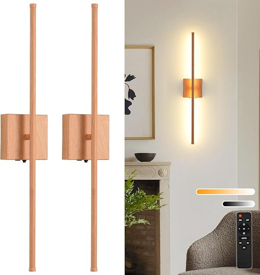 LED Battery Operated Wall Sconces, 11000mAh Faux Wood Texture Finish Wireless Wall Lights with Remote, 350°Rotate Dimmable Wall Lamp 3 Color Temperatures, for Bedroom Living Room Hallway, 2 Pack