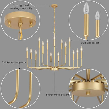 Gold Chandeliers for Dining Room Light Fixture Over Table, Modern Farmhouse Chandeliers for Living Room,15-Lights Industrial Metal Candle Lighting Fixtures for Entryway Kitchen Island Foyer