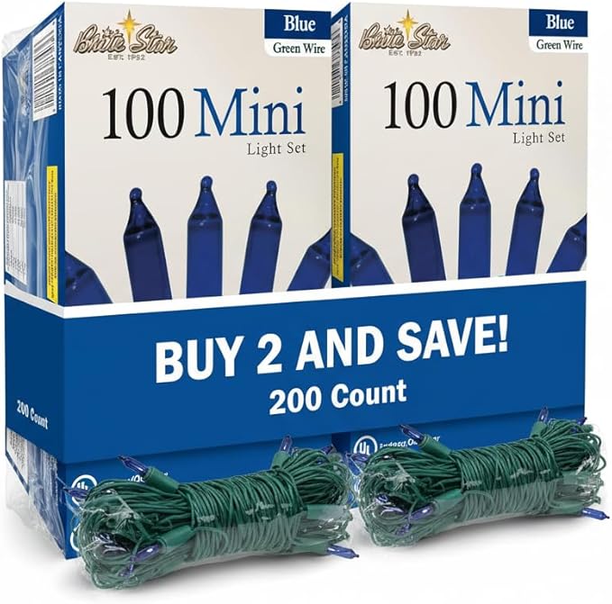 Brite Star 100 Count Mini String Christmas Lights, Blue - 22 feet Indoor/Outdoor Christmas Tree Lights with Green Wire (Set of 2)