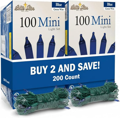 Brite Star 100 Count Mini String Christmas Lights, Blue - 22 feet Indoor/Outdoor Christmas Tree Lights with Green Wire (Set of 2)