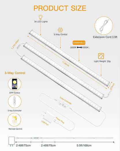 Daymeet Dimmable 12 Inch Ultra Thin Under Cabinet Lighting, Under Cabinet Lights Plug in, Multi-Color Super Bright LED Lights Bar Under Counter Lights Indoor for Kitchen, Shelf, Closet, Desk (3 Pack)