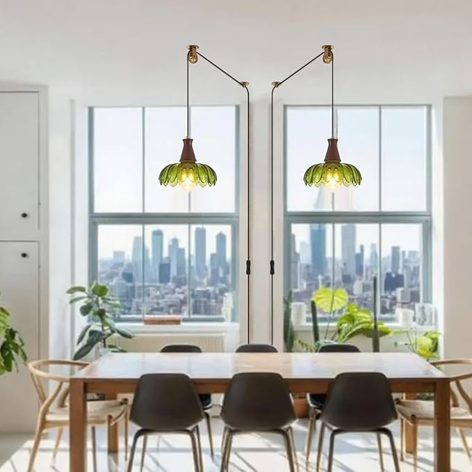 YLONG-ZS Plug-in Pendant Light, Vintage Green Glass Swag Hanging Lamp, Adjustable Pulley Cord, Walnut Stained Solid Wood Base, Mid Century Farmhouse Fixture, No Hardwiring for Kitchen, Dining, Bedroom