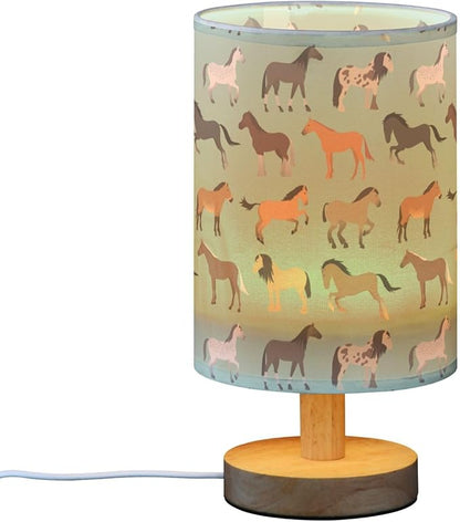 Horse Pattern on Blue Table Lamp with Wood Base Fabric Lamp Shade Bedside Nightstand Desk Lamp for Living Room Bedroom Kids Room Office