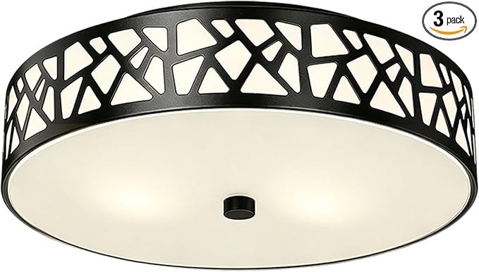 Black Flush Mount Ceiling Light, 3-Light Farmhouse Light Fixture with Frosted Glass Shade for Bedroom, Hallway, Kitchen, 16 Inch