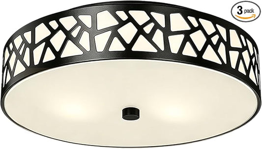 Black Flush Mount Ceiling Light, 3-Light Farmhouse Light Fixture with Frosted Glass Shade for Bedroom, Hallway, Kitchen, 16 Inch