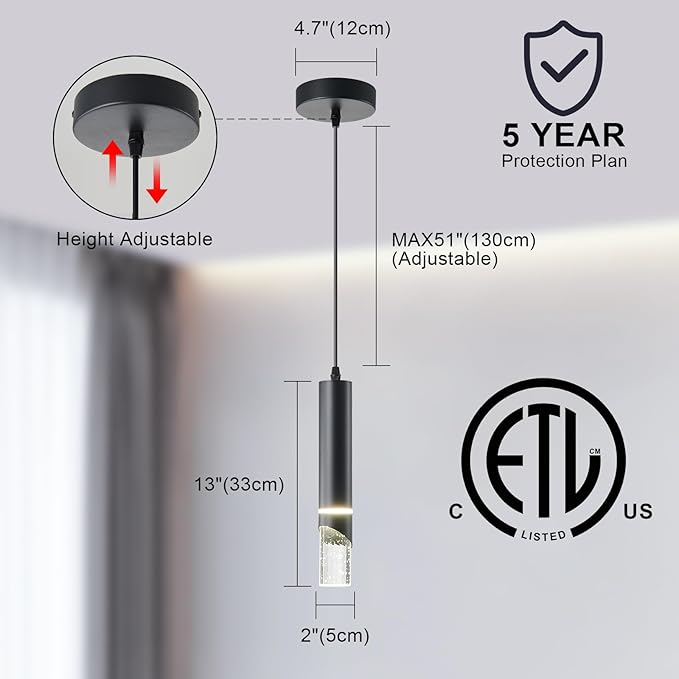 Pendant Lights Kitchen Island Dimmable LED 1-Light Black Pendant Hanging Light with Bubble Crystal Shades, Modern Kitchen Pendant Lighting Mini Pendant Light