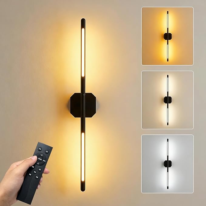 Rechargeable Wall Sconce Single, 35Hrs+ Battery Operated Wall Lights, Wireless with Remote, 360° Rotatable, Dimmable 3-Color LED, Cordless Wall Light for Bedroom, Living Room, 23 in Black
